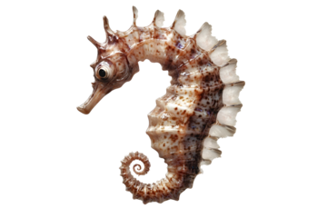 Detailed image of seahorse showcasing its unique shape and intricate textures. creature features curled tail, spiny dorsal fin, and distinct coloration, evoking sense of marine beauty and wonder