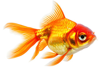 Fototapeta premium Vibrant goldfish with bright orange and white scales gracefully swims through water, showcasing its elegant fins and lively personality. This aquatic creature is popular pet, known for its beauty