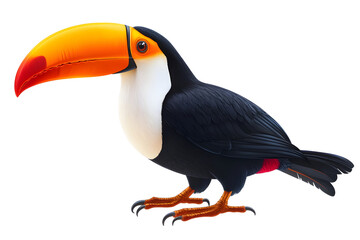 Naklejka premium Colorful toucan with large orange beak, black feathers, and white throat, standing on its feet. This vibrant bird symbolizes tropical environments and is often associated with rainforests