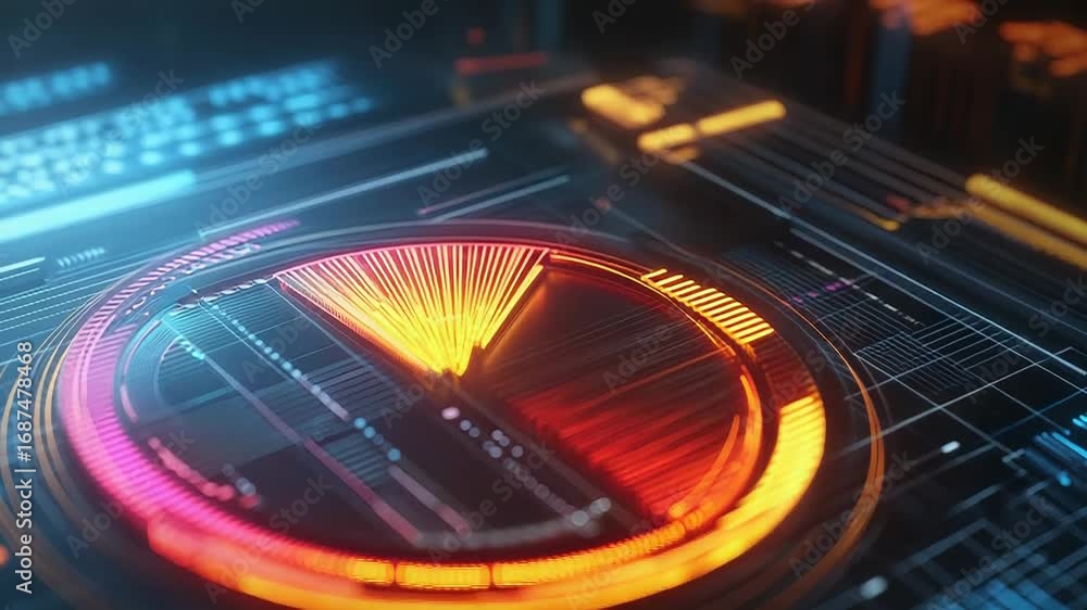Poster futuristic hud display showing rotating circular chart with glowing lights