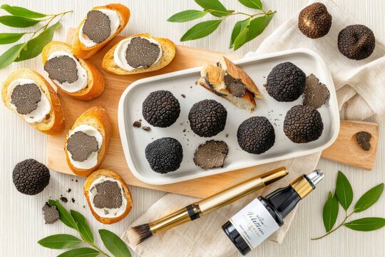 Deliciosas tapas de trufa negra servidas en una bandeja de madera con decoraci&oacute;n de hierbas frescas