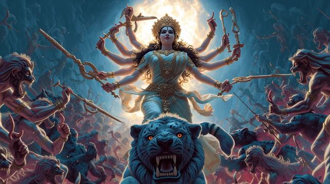 Goddess Durga in a fierce dynamic pose on her lion, powerful mythological depiction of strength and divine protection