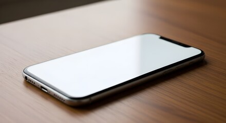 A contemporary mobile phone with a blank white display screen resting on a wooden table, ideal for mockups and technology concepts