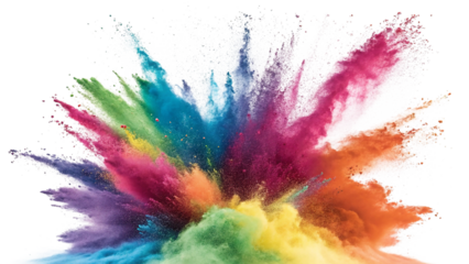 Vibrant rainbow color powder explosion isolated on transparent background