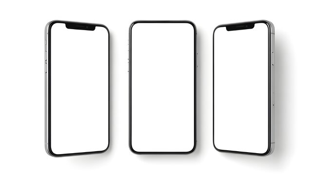 A set of three modern smartphones with blank white screens for mockups, shown from different perspective angles and isolated on a white background