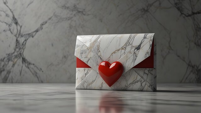 An elegant white marble envelope sealed with a glossy red heart, resting on a marble surface as a luxury love letter. Romantic Valentine's Day concept