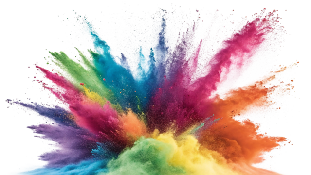 Vibrant rainbow color powder explosion isolated on transparent background