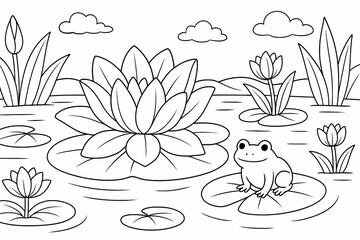 Cute frog sitting on water lily leaf with lotus flowers in pond, cartoon nature coloring page