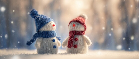 The cute knit snowmen celebrate friendship in a winter wonderland scene.