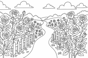 Beautiful rose bushes along a garden path with wooden fence, floral landscape coloring page