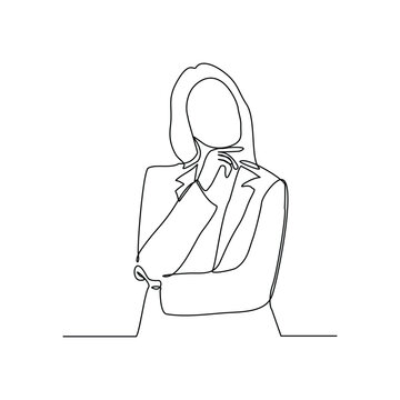 recommend clip art: Continuous line drawing of thinking woman. Single line art sketch editable stroke vector illustration of business woman thinking