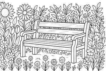 Wooden bench in a flower garden surrounded by blooming plants, relaxing outdoor coloring page