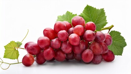 Obraz premium beautiful bunch of red globe grapes with green leaves on white background
