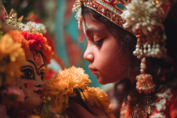 Young child offering flowers to Durga idol during Kanya Puja ritual. 
