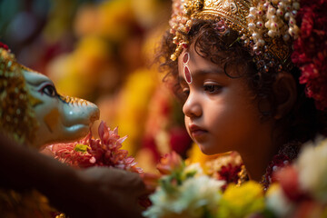 Young child offering flowers to Durga idol during Kanya Puja ritual. 
