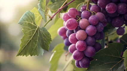 A ripe cluster of red grapes hangs from a leafy grapevine in a vineyard