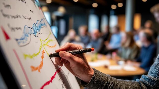Medium shot highlighting a hand moving a marker along an emissions reduction curve on a flip chart with softfocused workshop participants in the background.