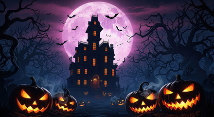 Creepy Haunted House with Full Moon, Fog, and Bare Trees on Halloween Night