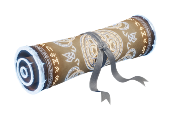 An ornate, glowing scroll, tied with a ribbon, showcasing intricate designs and ancient symbols.