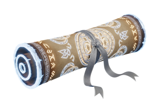 An ornate, glowing scroll, tied with a ribbon, showcasing intricate designs and ancient symbols.