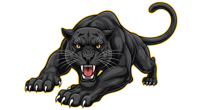 Fierce black panther illustration crouching ready to attack with snarling fangs and sharp claws a powerful wild big cat vector art