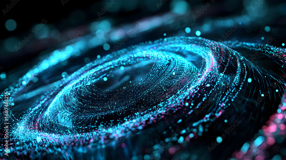 Poster futuristic abstract swirling digital particle stream, data visualization concept