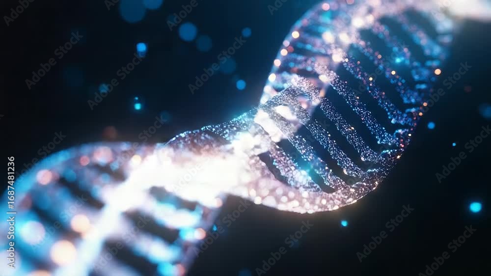 Poster dna strand rotating in dark background with glowing particles
