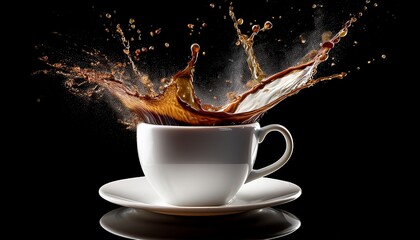 coffee splash in a white cup on black isolated on white background dynamic image of coffee splashing out of a white cup with a dark background capturing an action shot of liquid motion
