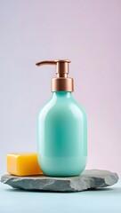 Aesthetic soap dispenser and bar on stone slab with soft pastel color background