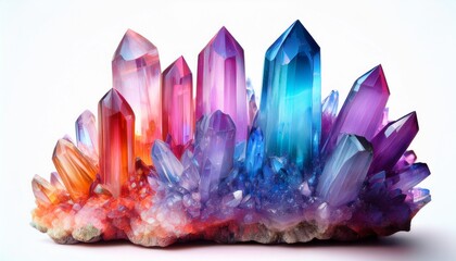 vibrant multicolored quartz crystal clusters colorful quartz crystal formations with gradients of pink blue and purple hues isolated on a white background for design use
