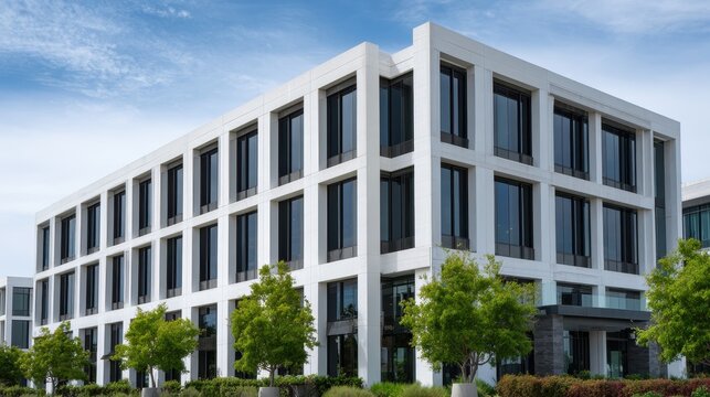 Modern white office building with large windows and green trees