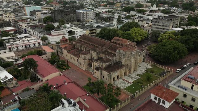 Aerial 4K view of Zona Colonial &mdash; colorful buildings, old plazas, and colonial-style streets. Perfect for cultural projects