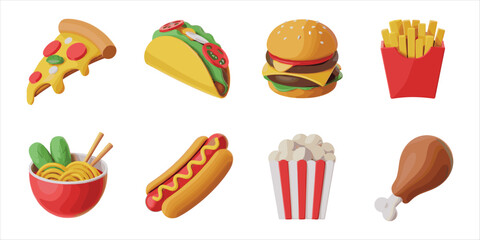 Assortment Of Popular Fast Food Items In A Colorful Cartoon Style meal junk food