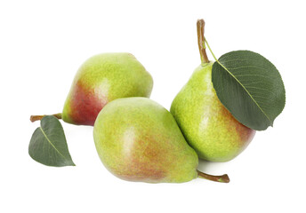 Three whole ripe pears isolated on white