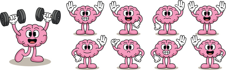 Cartoon Brain Character Lifting Dumbbells And Expressive Poses Keywords: brain, cartoon, character