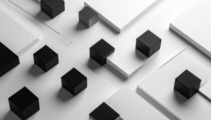 Abstract black cubes on white planes