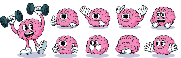 Cartoon Brain Character Poses With Dumbbells And Gestures Keywords: brain, cartoon, character, mascot