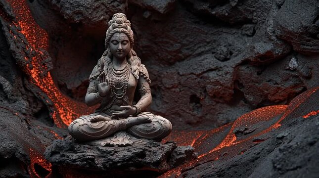 Goddess Parvati in deep meditation seated on a volcanic rock, divine and serene depiction of spiritual focus