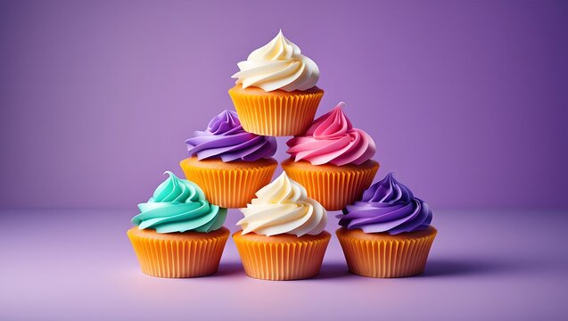 Colorful cupcakes stacked on a purple background creating a sweet and delightful scene