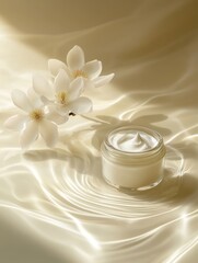 Elegant skincare cream displayed with magnolia blossoms and water ripples