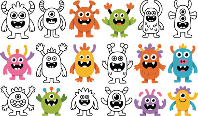 Collection Of Cartoon Monsters In Color And Outline Versions character creature