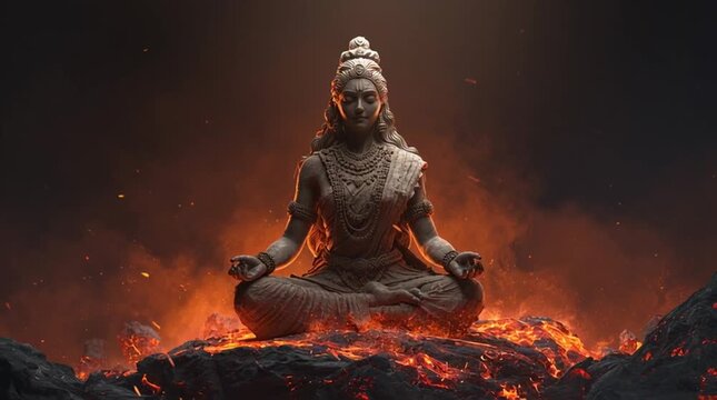 Goddess Parvati in deep meditation seated on a volcanic rock, divine and serene depiction of spiritual focus
