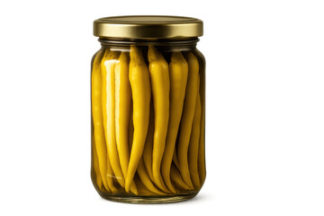 Glass Jar Filled with Pickled Yellow Chili Peppers on Transparent Background