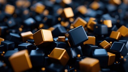 Obraz premium Abstract arrangement of gold and dark blue cubes scattered in a seemingly random pattern, creating depth and visual interest.