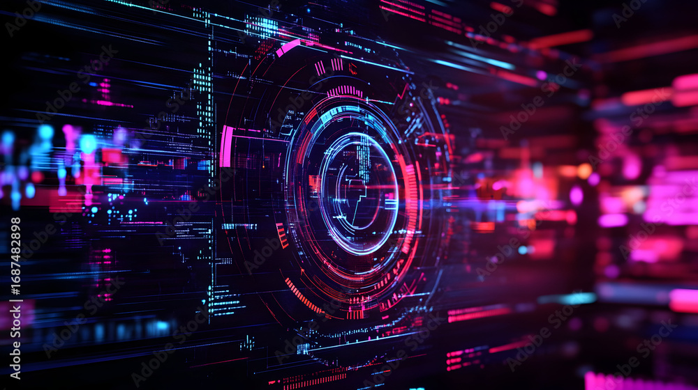 Poster futuristic technology interface visualizing data processing and communication