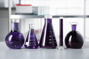 Different laboratory glassware with purple liquid on light table indoors