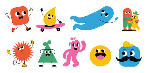 Diverse Group Of Abstract Cartoon Characters With Playful Expressions shape funny