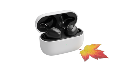 White wireless earbuds and charging case with a vibrant autumn leaf, ideal for fall tech reviews, seasonal promotions, holiday gift guides, or lifestyle content,