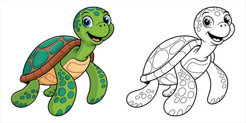 Green sea turtle with blue eyes and a coloring book outline version Keywords: turtle, sea turtle