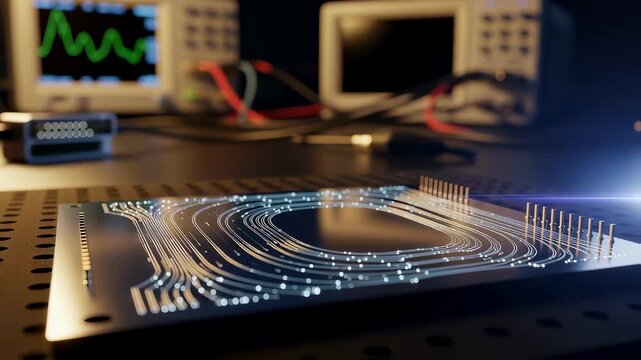 Closeup of optical waveguides on silicon photonics chip enabling secure lowlatency communication for drone swarms in experimental lab.